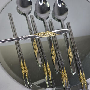 Kitchen Self 18/10 Stainless Steel Chopsticks & Spoons Set For 4 Gold Swans